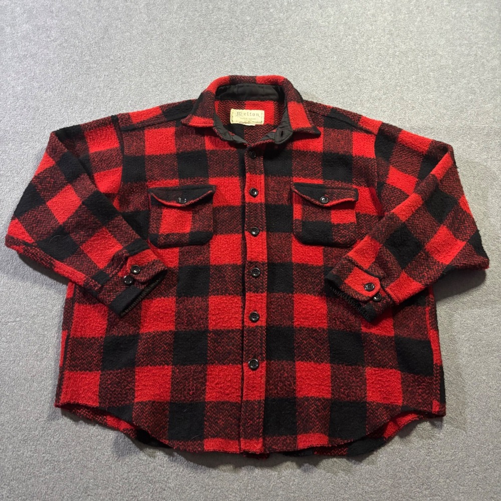 Vintage 70s Melton Outerwear Shirt Jacket Men's 2XL Red Buffalo Plaid Wool Heavy